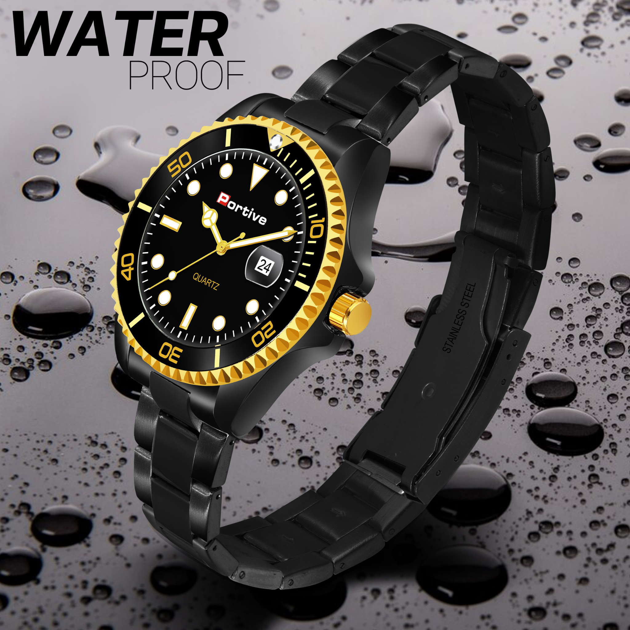 PORTIVE BLACK AND GOLD BOLD DESIGN STYLE WATCH