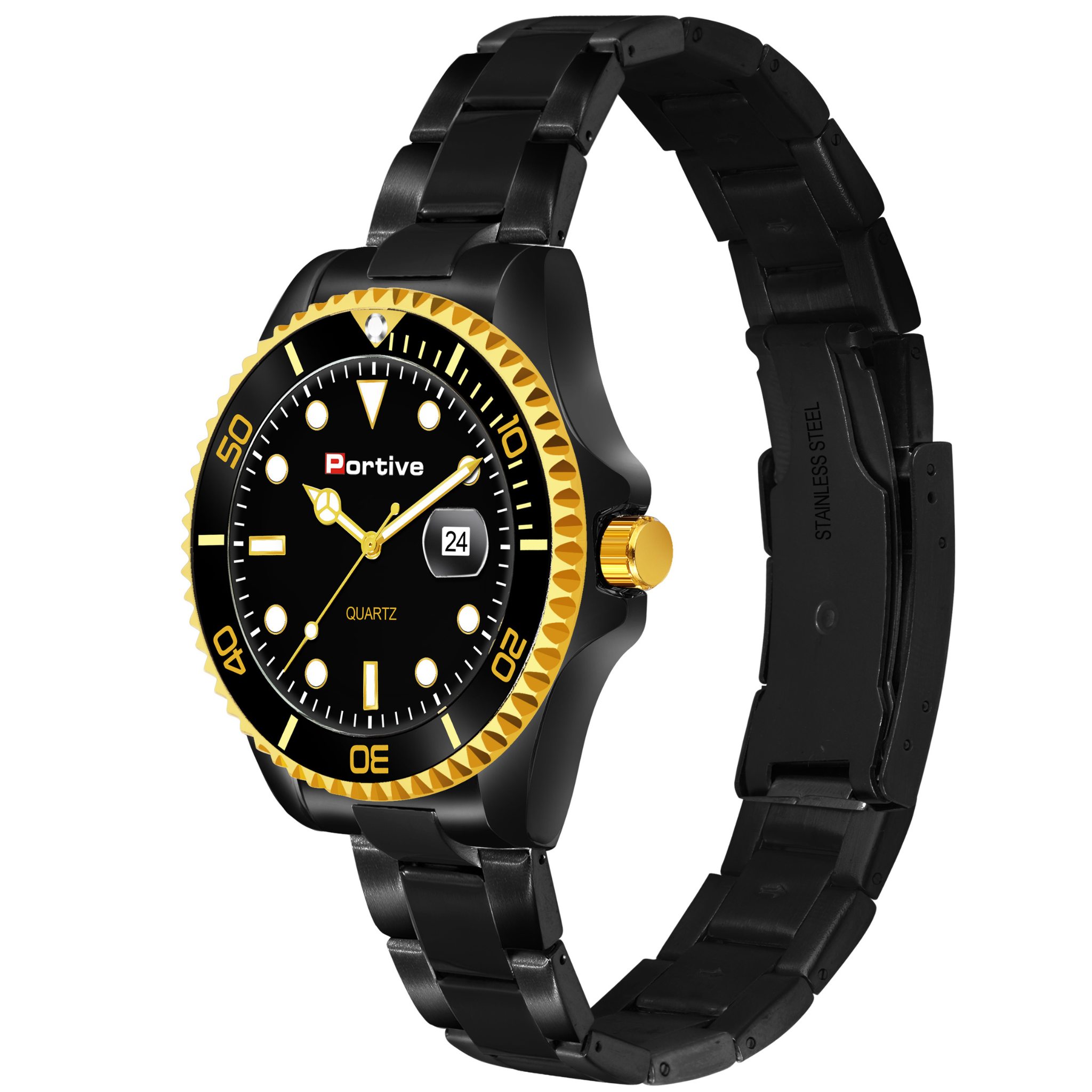 PORTIVE BLACK AND GOLD BOLD DESIGN STYLE WATCH